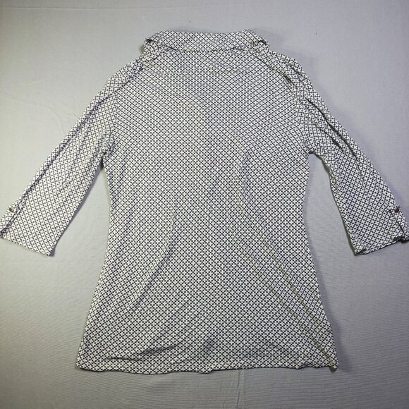 Ann Taylor deep neck blouse women's size S white with black cross pattern - Picture 3 of 9
